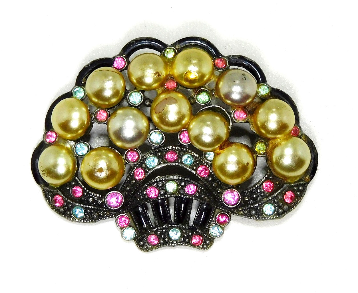 Vintage New England Glassworks Rhinestone Faux Pearl Flower Basket Brooch