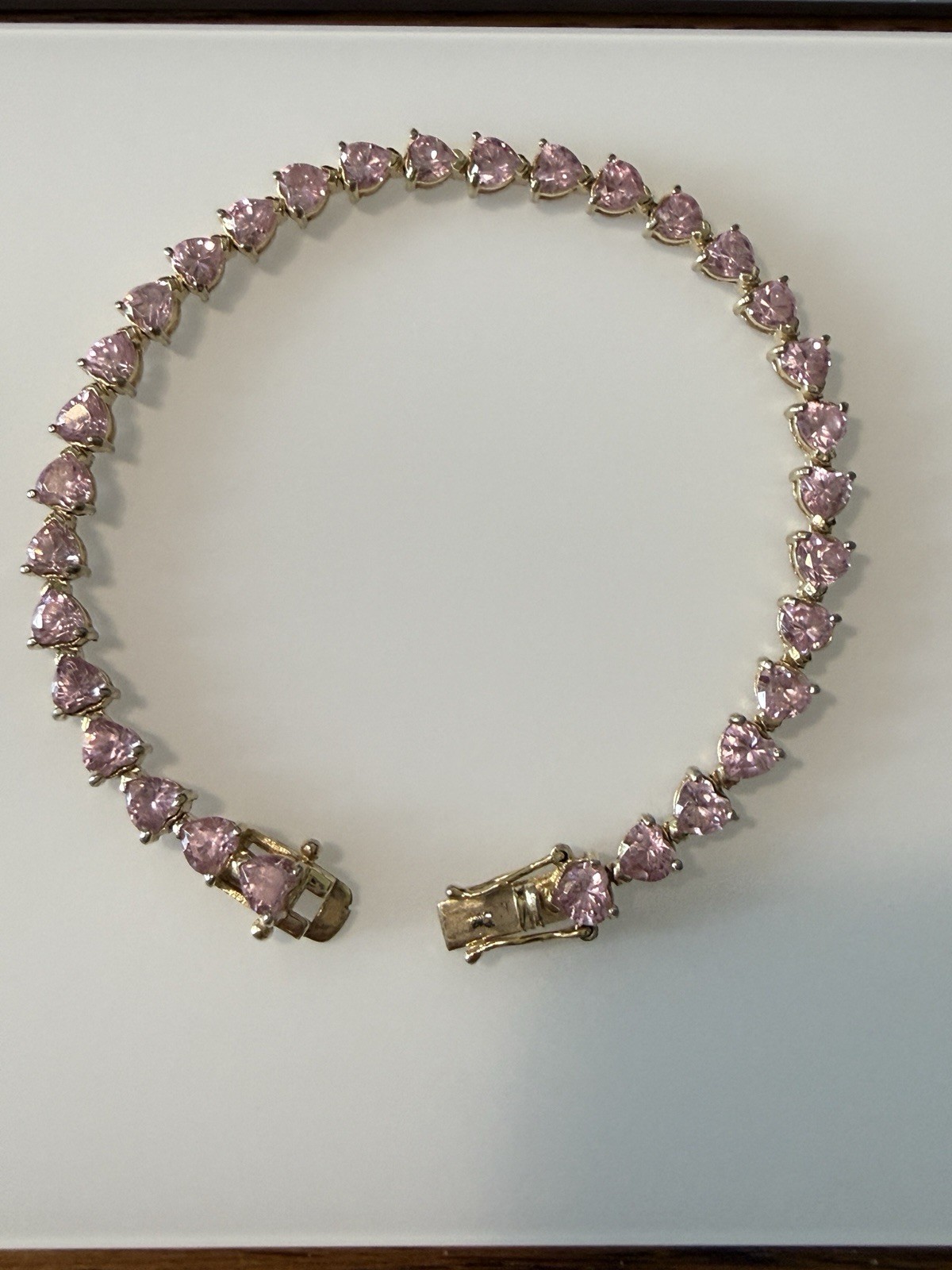 Vintage Pink Trillion Cut Stone Bracelet Sterling Silver Gold Plated 8.25”