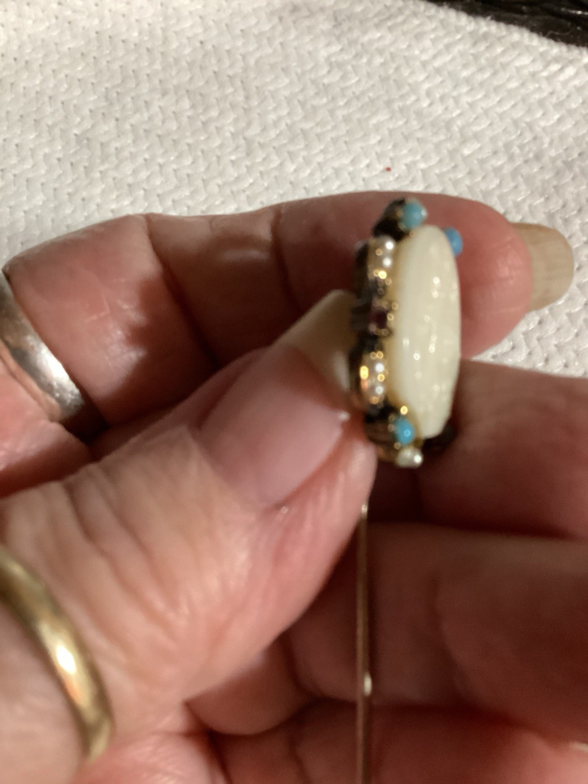 Vtg. Milk Glass Cameo Stick Pin Blue Purple Stones And Faux Pearls