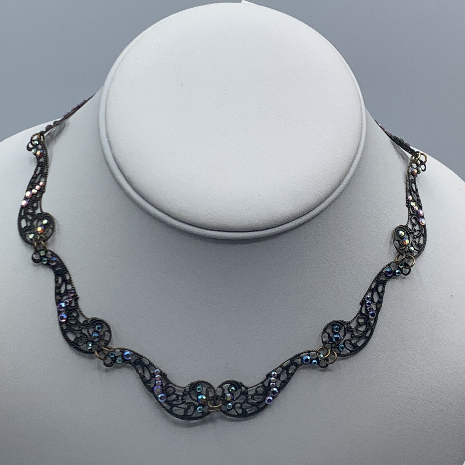 Glass Works Studio Brass Crystals Art Deco Style Dainty Necklace Flawed 14-18″