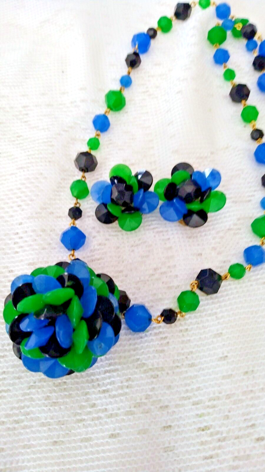 Vintage Blue Green & Black Beaded Pendant Necklace and Clip Earring Set,Germany