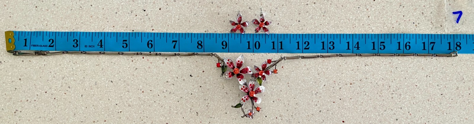 Vintage Ruby Red Enamel & Rhinestone Floral Statement Set Necklace Earrings
