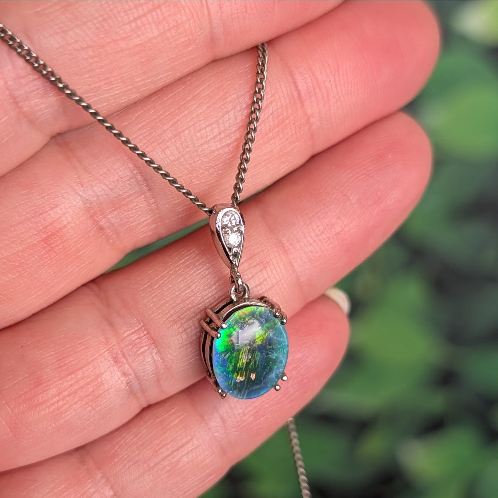 Vintage Blue Opal Sterling Pendant on Chain Oval Faux Diamond Accent Dainty 925