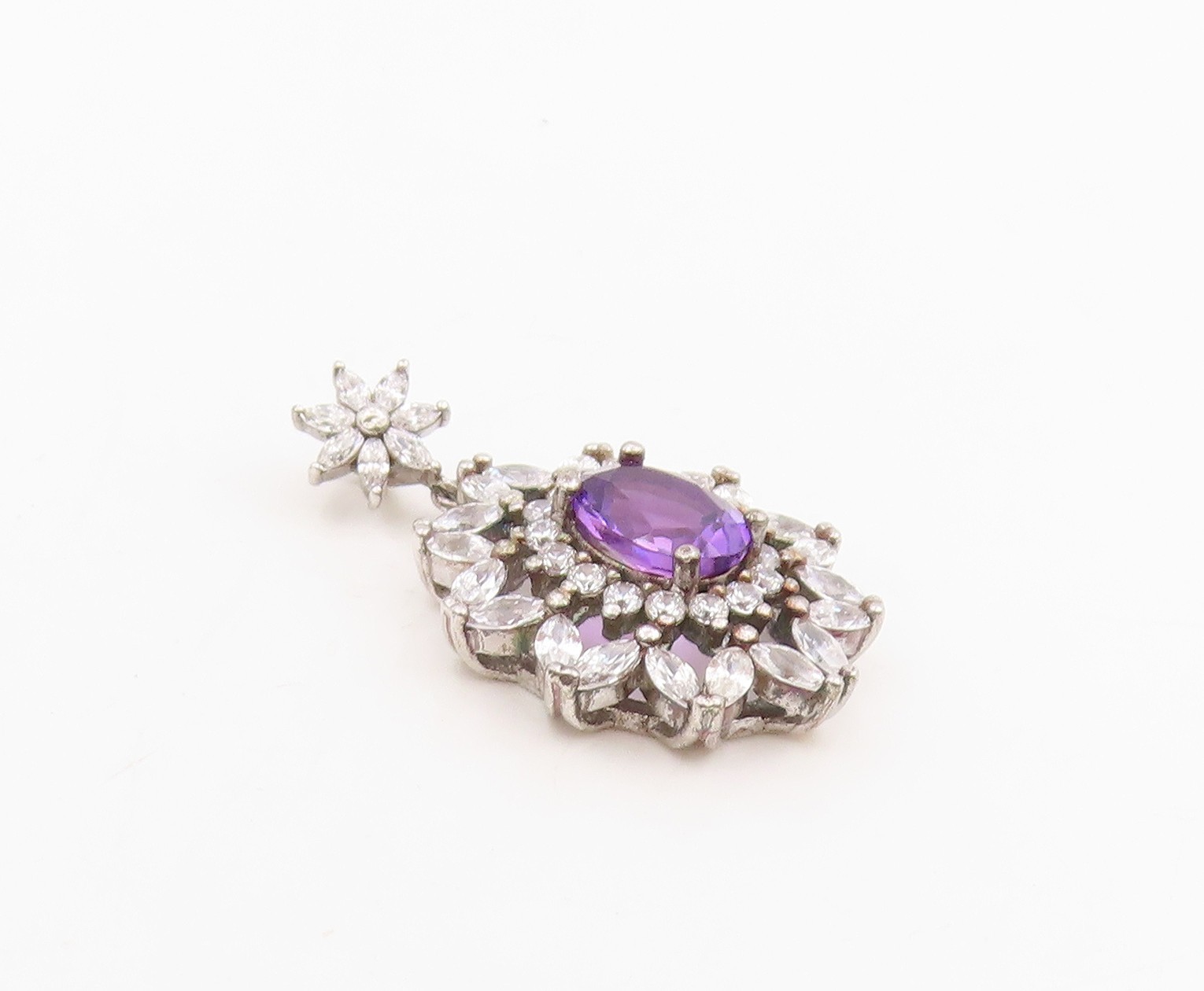 925 Sterling Silver Vintage Pendant Amethyst & Halo CZ Floral Cluster PT25563