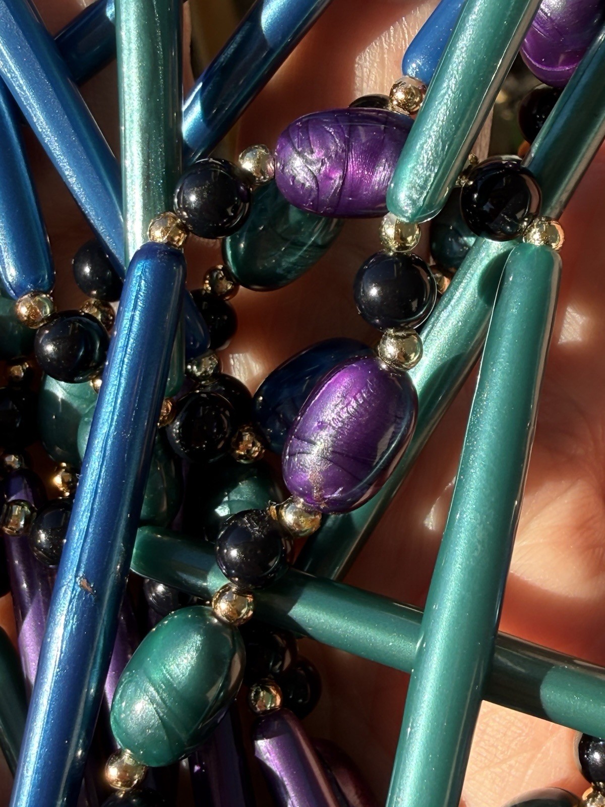 Vintage 3 Strand Purple & Teal Blue Marbelized Peacock Color Necklace 34″L