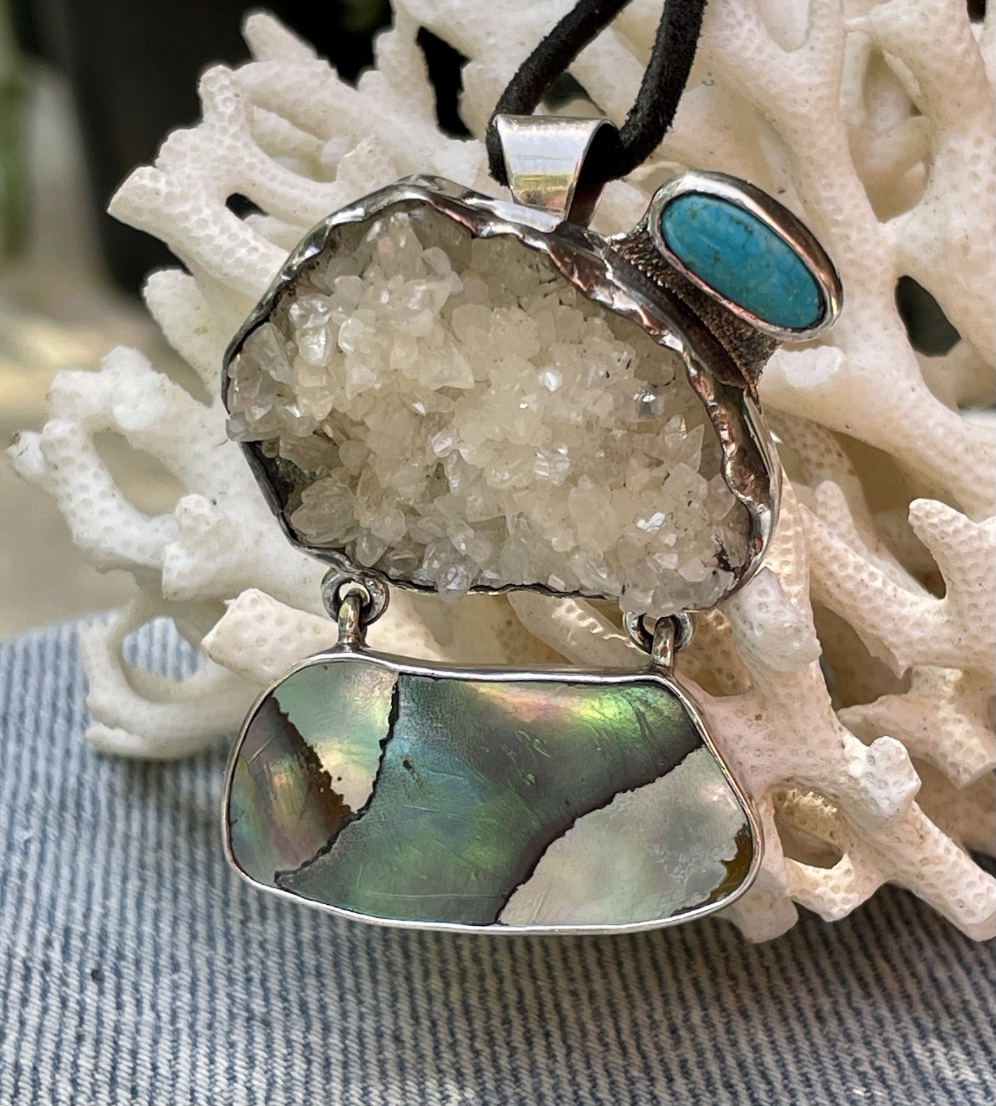 🎥Rock Crystal Rainbow Abalone Turquoise 2″ Pendant Brooch Mex Sterling Silver