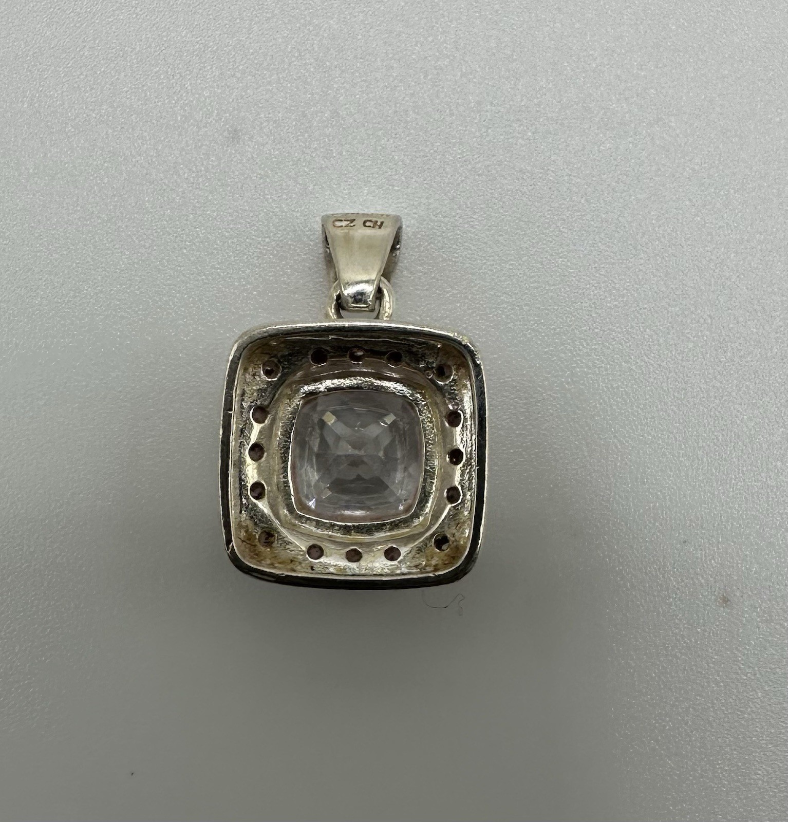 925 Sterling Silver Cushion Cut CZ Halo Pendant Clear Cubic Zirconia Square Vtg