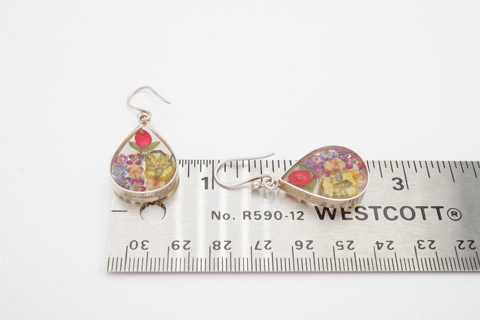Vintage Mexico Sterling Silver 925 Flower In Lucite Earrings ATI
