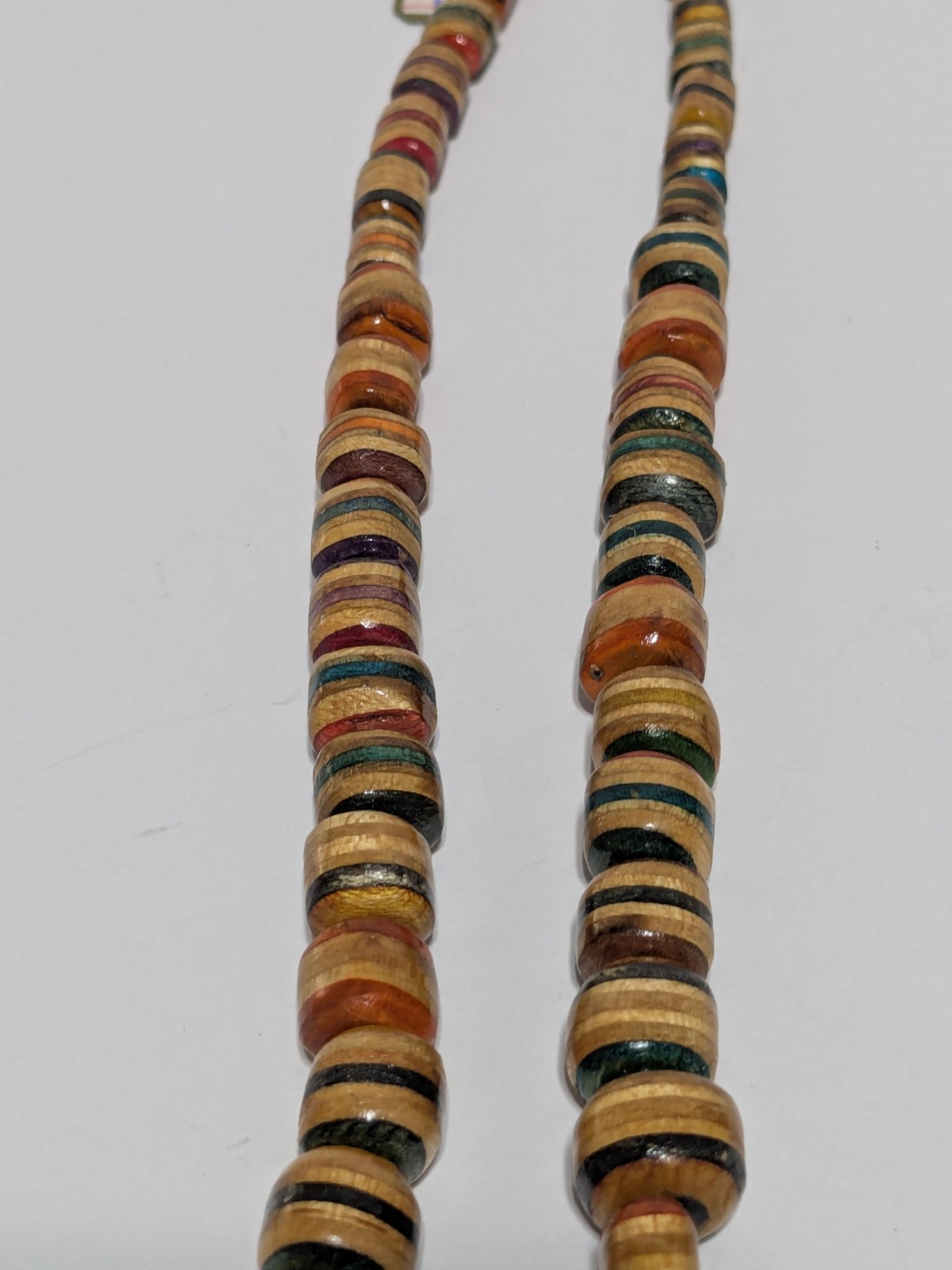 Vintage Multicolor Wood Bead Handmade Necklace. Silver Tone End Caps. 21″ BOHO
