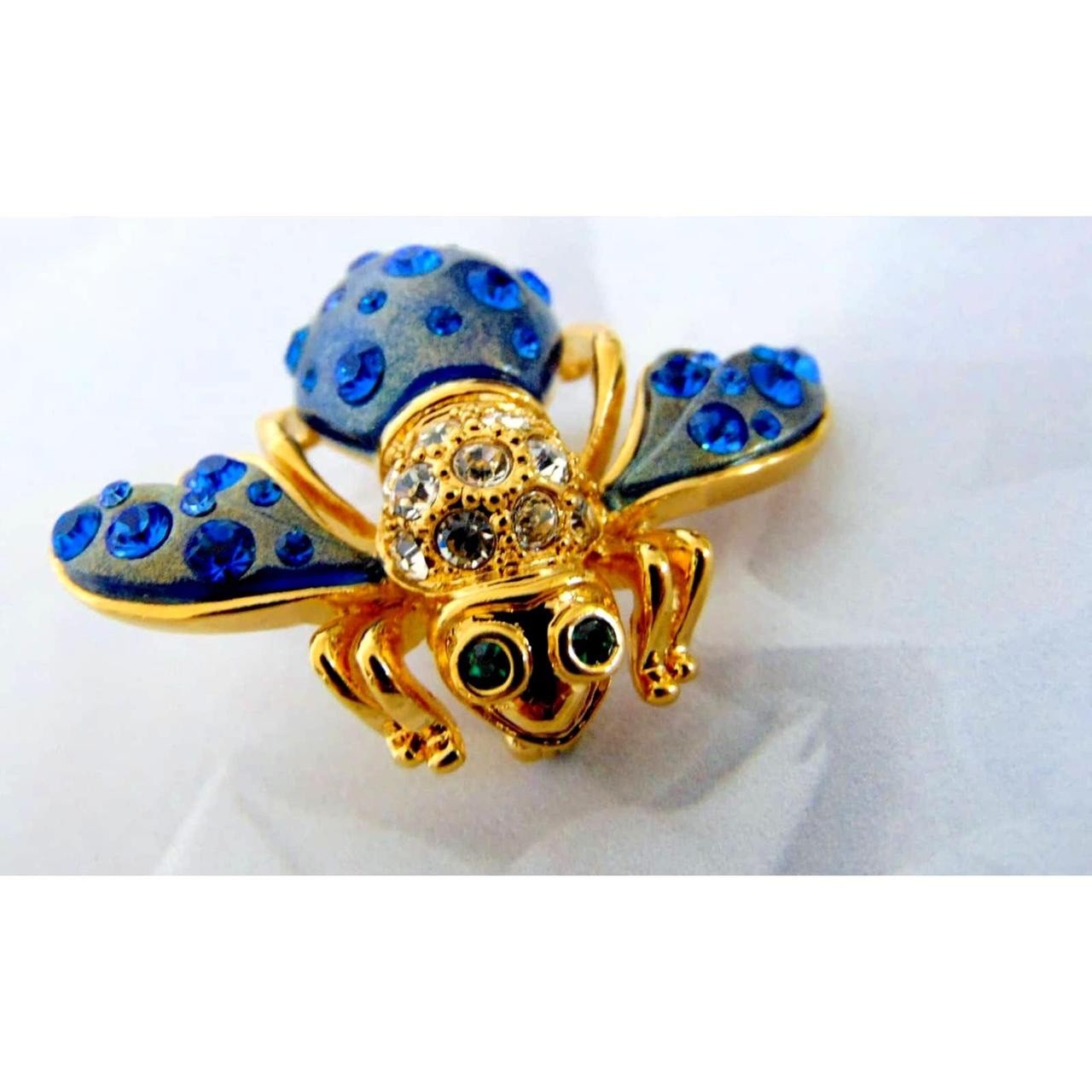 VTG Joan Rivers Blue Crystal COSMIC BEE PIN Brooch Enameled Gold Green Eyes