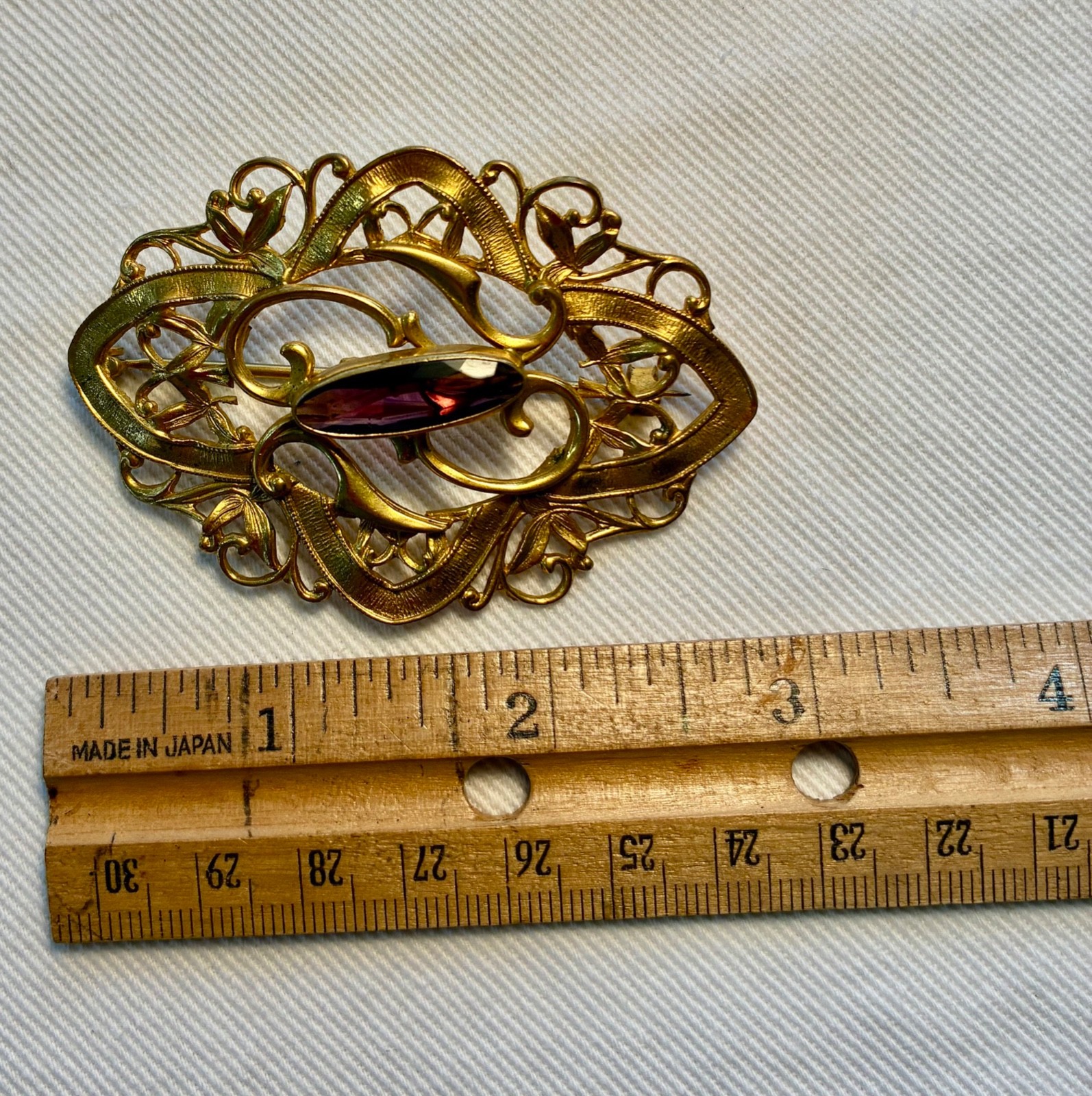 Art Nouveau Style Gold Tone Sash Pin Brooch Faceted Amethyst Glass Large