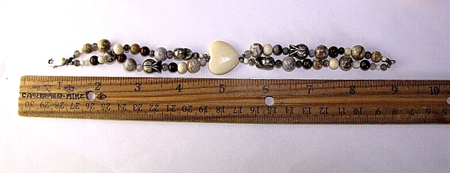 Beaded Bracelet Vintage Sterling Silver Stone Heart & Round Beads 8.5″ Long