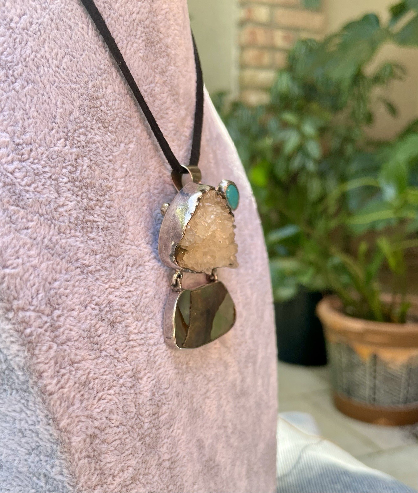 🎥Rock Crystal Rainbow Abalone Turquoise 2″ Pendant Brooch Mex Sterling Silver