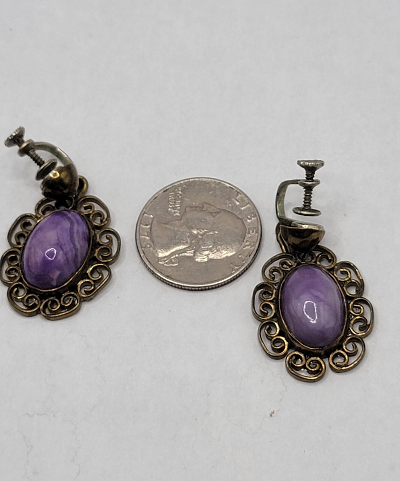 Vintage Purple Charoite Cabochans Screw-back Earrings Alpaca Mexico Ornate Brass