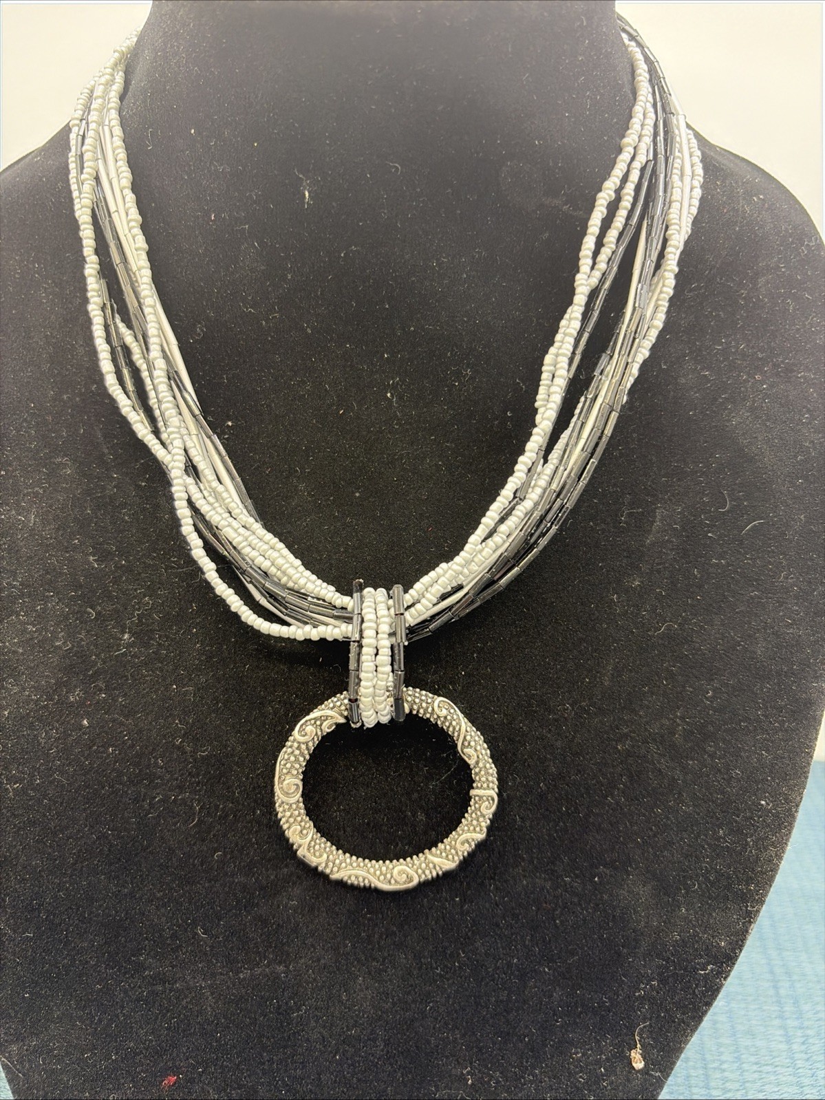 Vintage Coldwater Creek 1980s-90s Beaded 12 Strand Necklace Textured Pendant 18”
