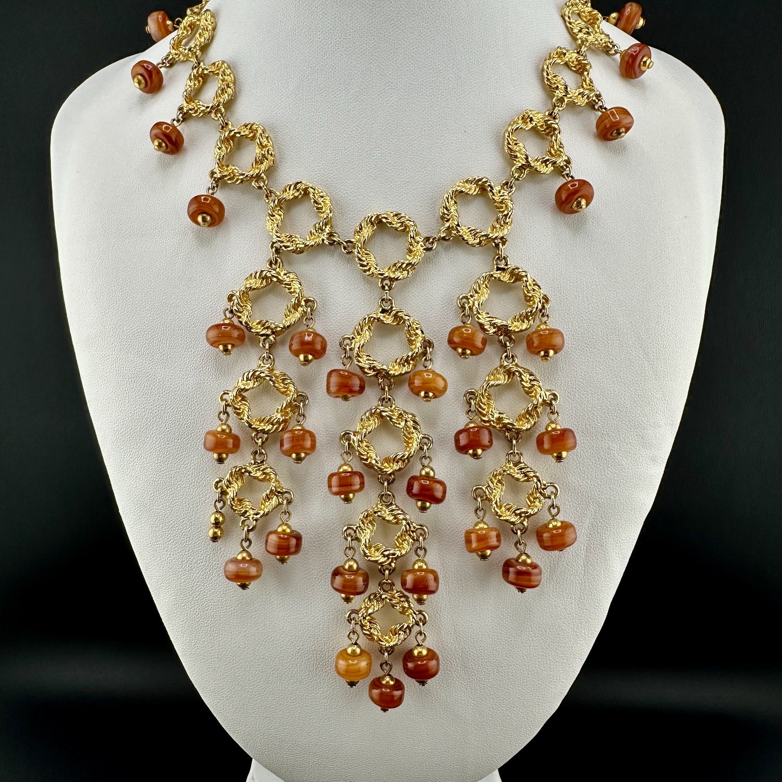 Vintage Statement Necklace Bib Fringe Hammered Gold Tone Link Agate Bead Dangles