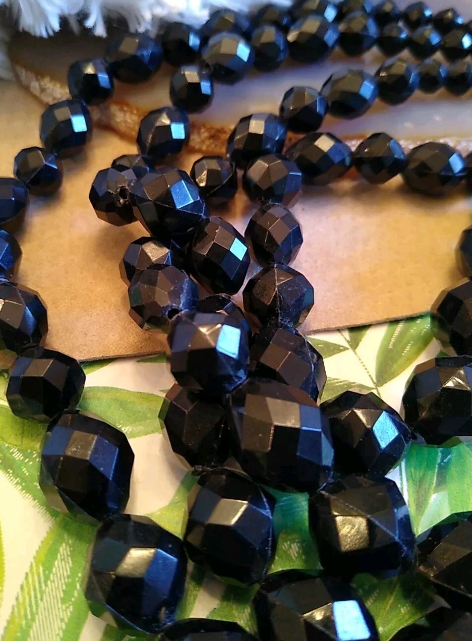 VTG Stamped “GERMANY” Only Plastic Black Faceted Bead Triple Strand Necklace!