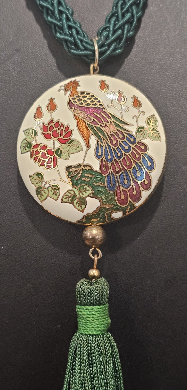 Cloisonné Necklace Peacock 2 Side Puffy Medallion Green Silky Cord Tassel