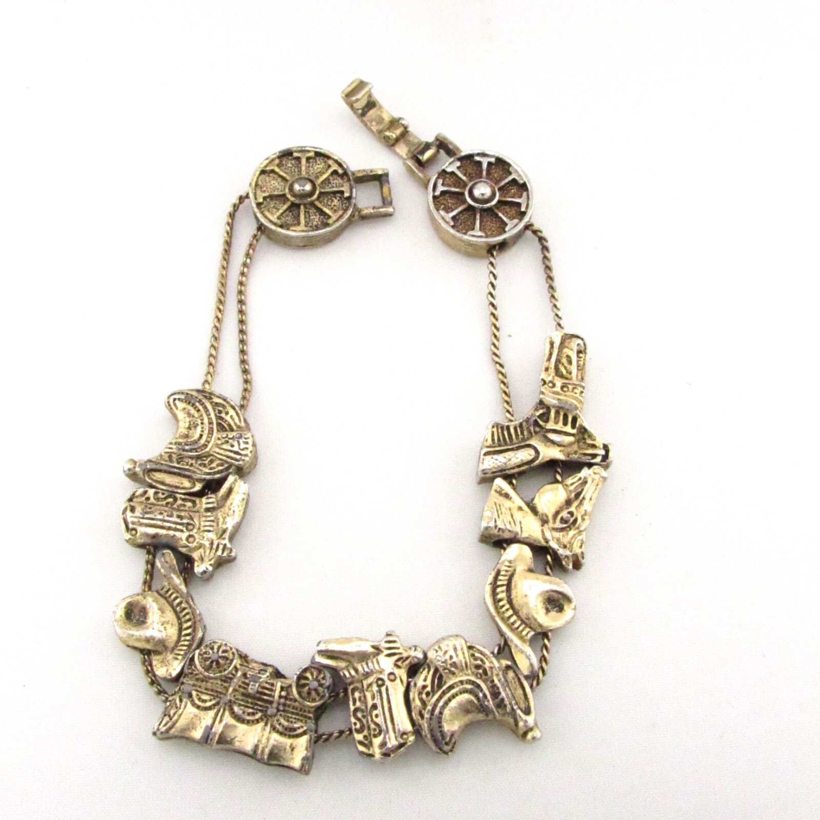 Vintage Western Horse Saddle Boot Equestrian Slide Charm Bracelet Gold Tone