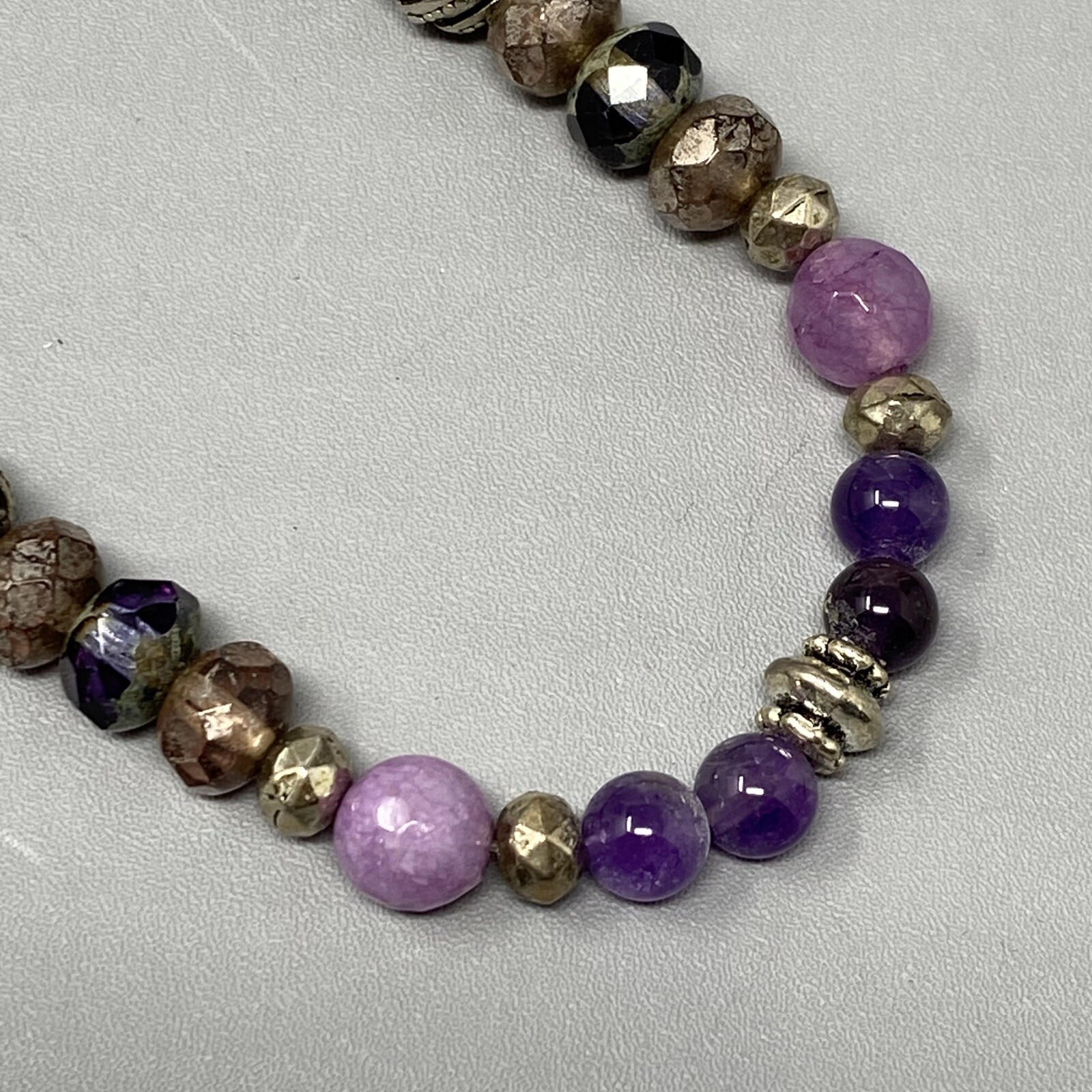 Amethyst Bracelet Purple Faceted Beads Picasso Czech Silver Tone Spacers Stretch