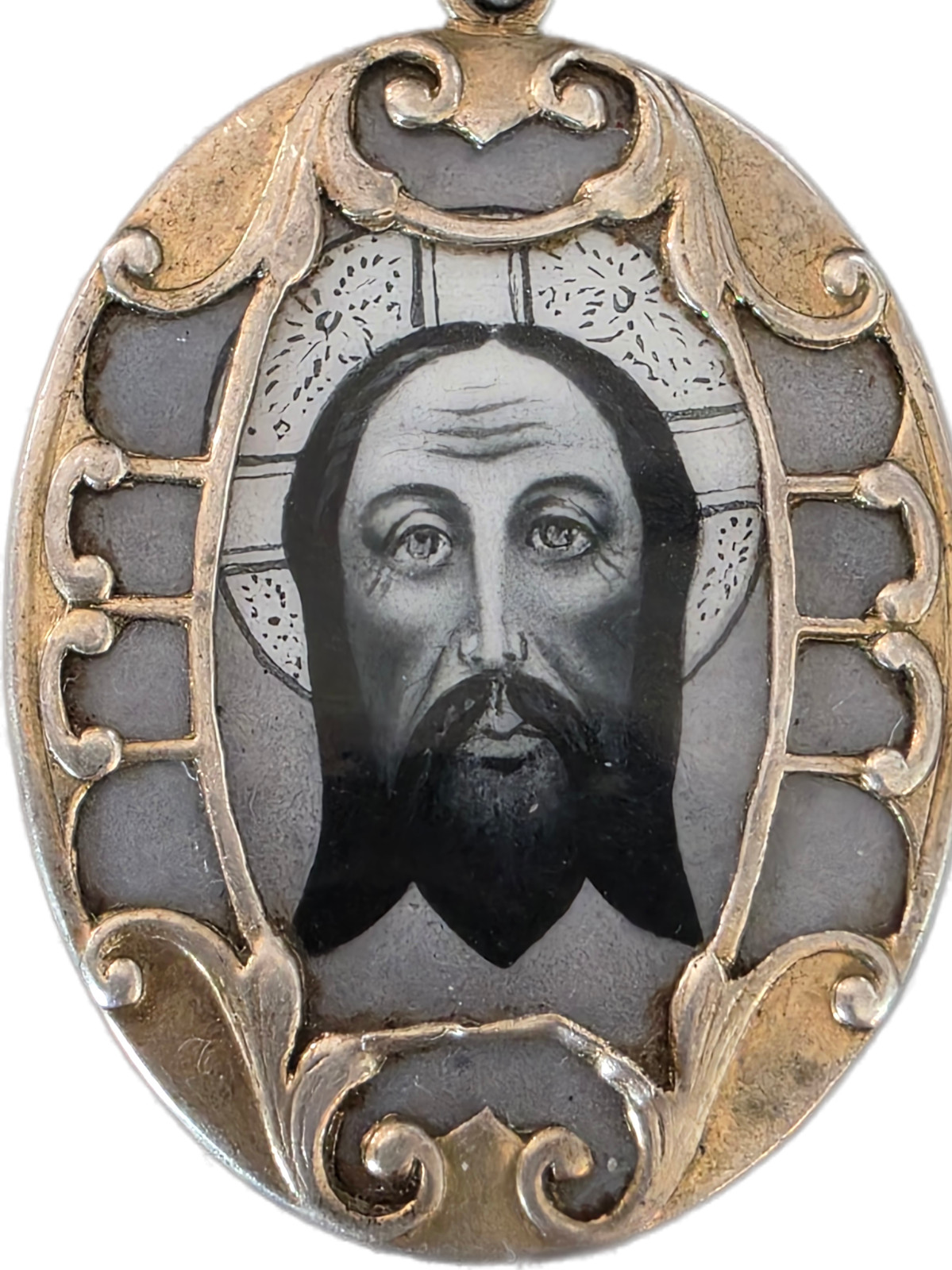 ANTIQUE RELIGIOUS PENDANT WITH THE FACE OF JESUS CHRIST ENAMELED PLAQUE Ca 1900s