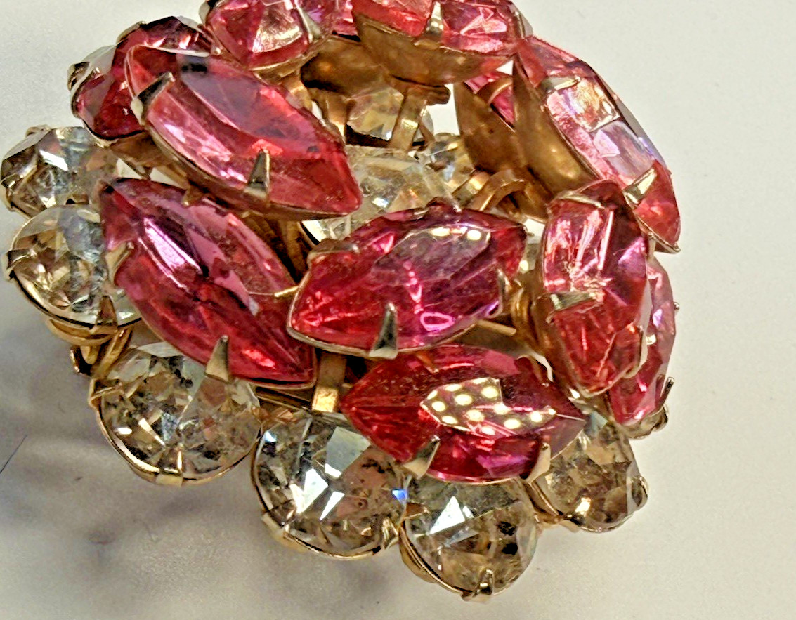 Vintage Pink Navette Rhinestone Domed Brooch Mid Century Gold Tone