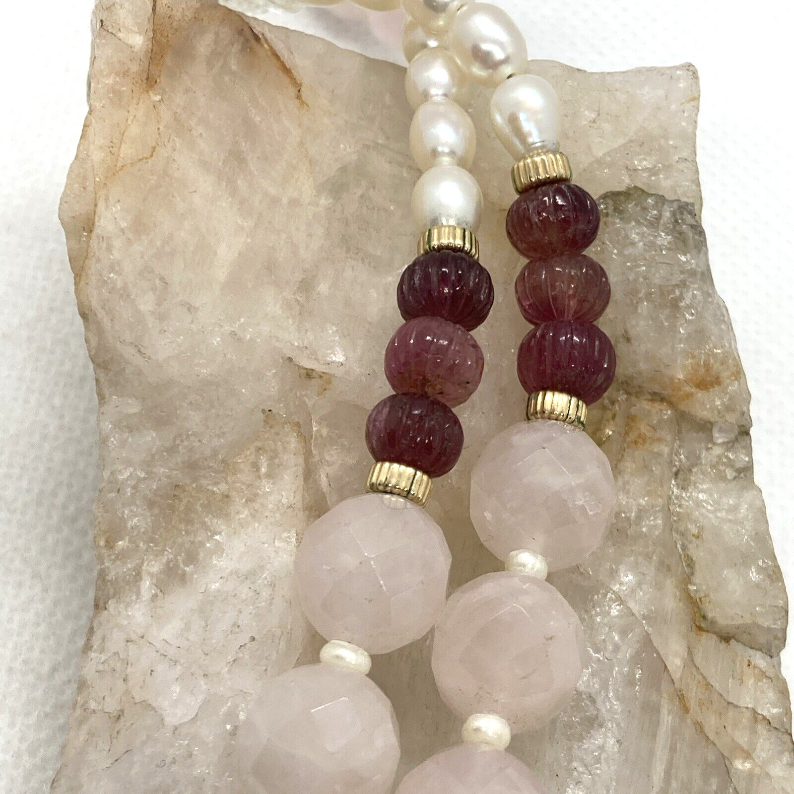 Vintage Rose Quartz Carved Mother of Pearl Tourmaline 18” Necklace 14/20 GF 44g