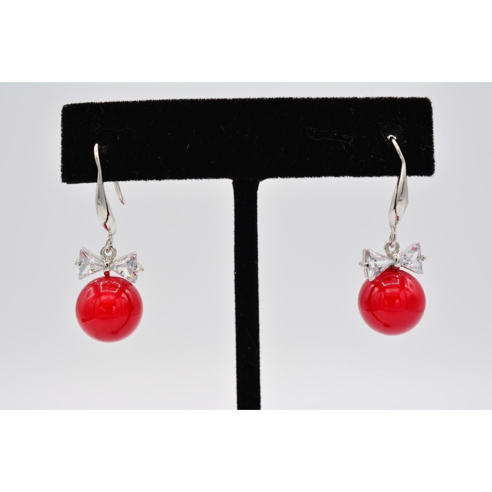 Vintage Dangle Earrings Crystal Bezel Bow Red Ball Drop Round 1990s BinAO