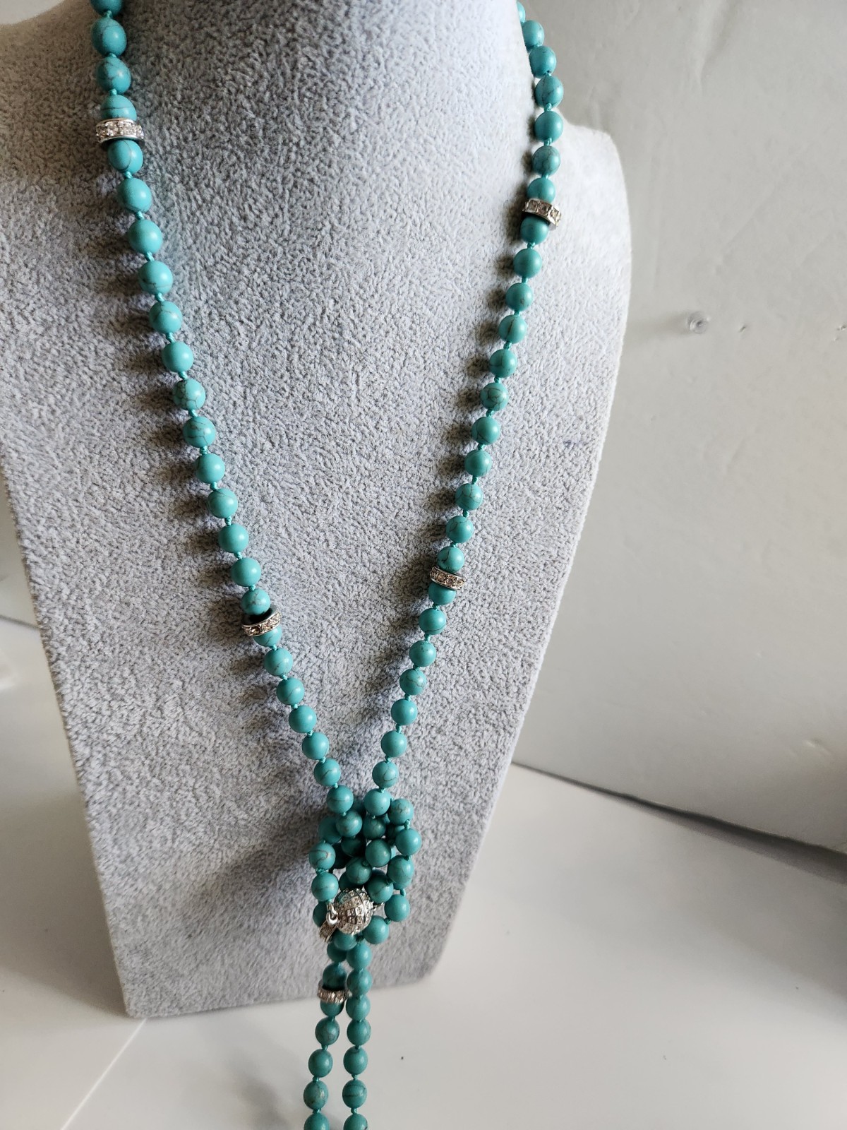 Vintage Genuine Turquoise Pave Rhines Hand Knot Necklace 50″ Mag Adjust 16 + 34