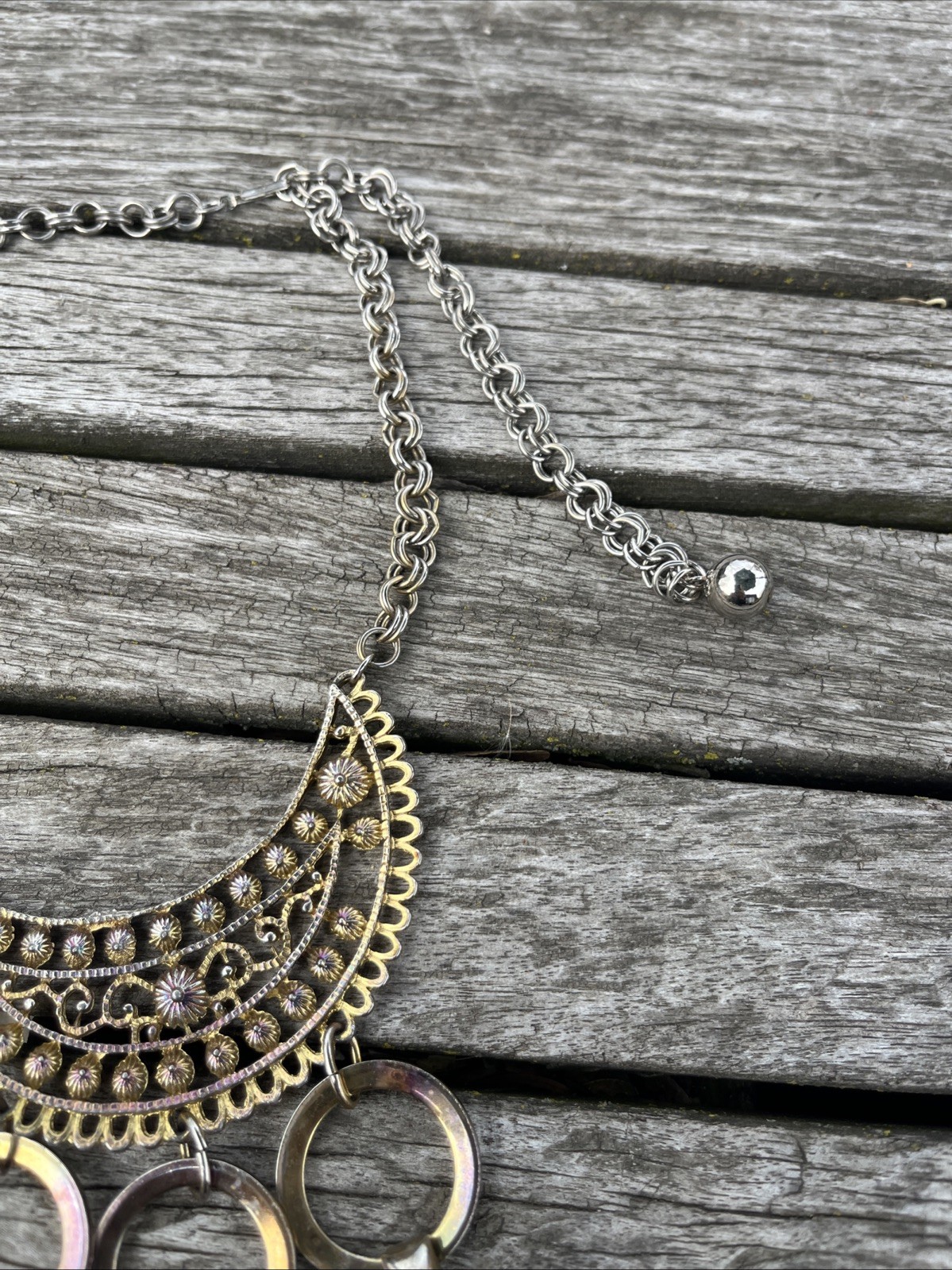 Vintage Metal Persian Style Chain Necklace Half Circle Pendant Dangle 1980s