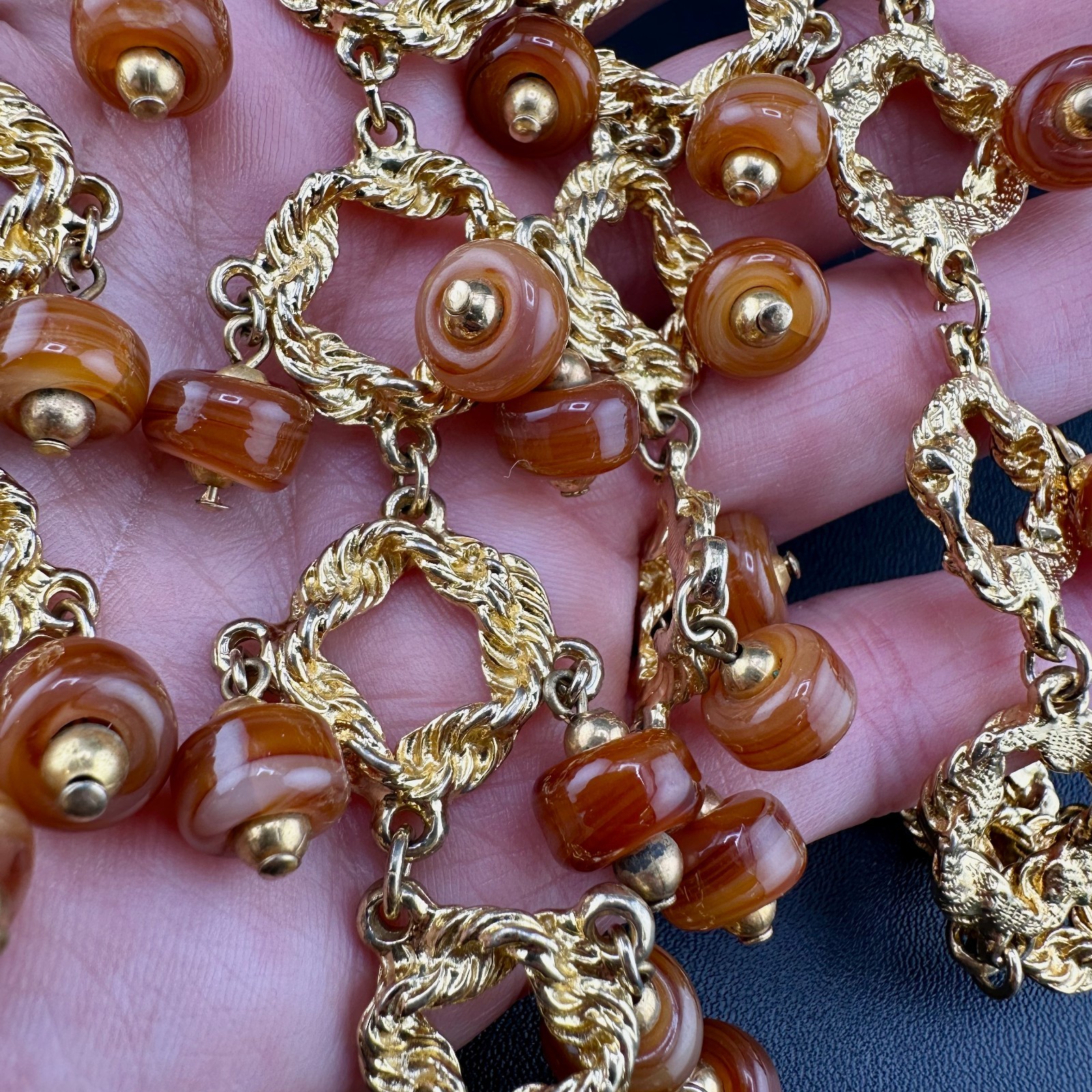 Vintage Statement Necklace Bib Fringe Hammered Gold Tone Link Agate Bead Dangles