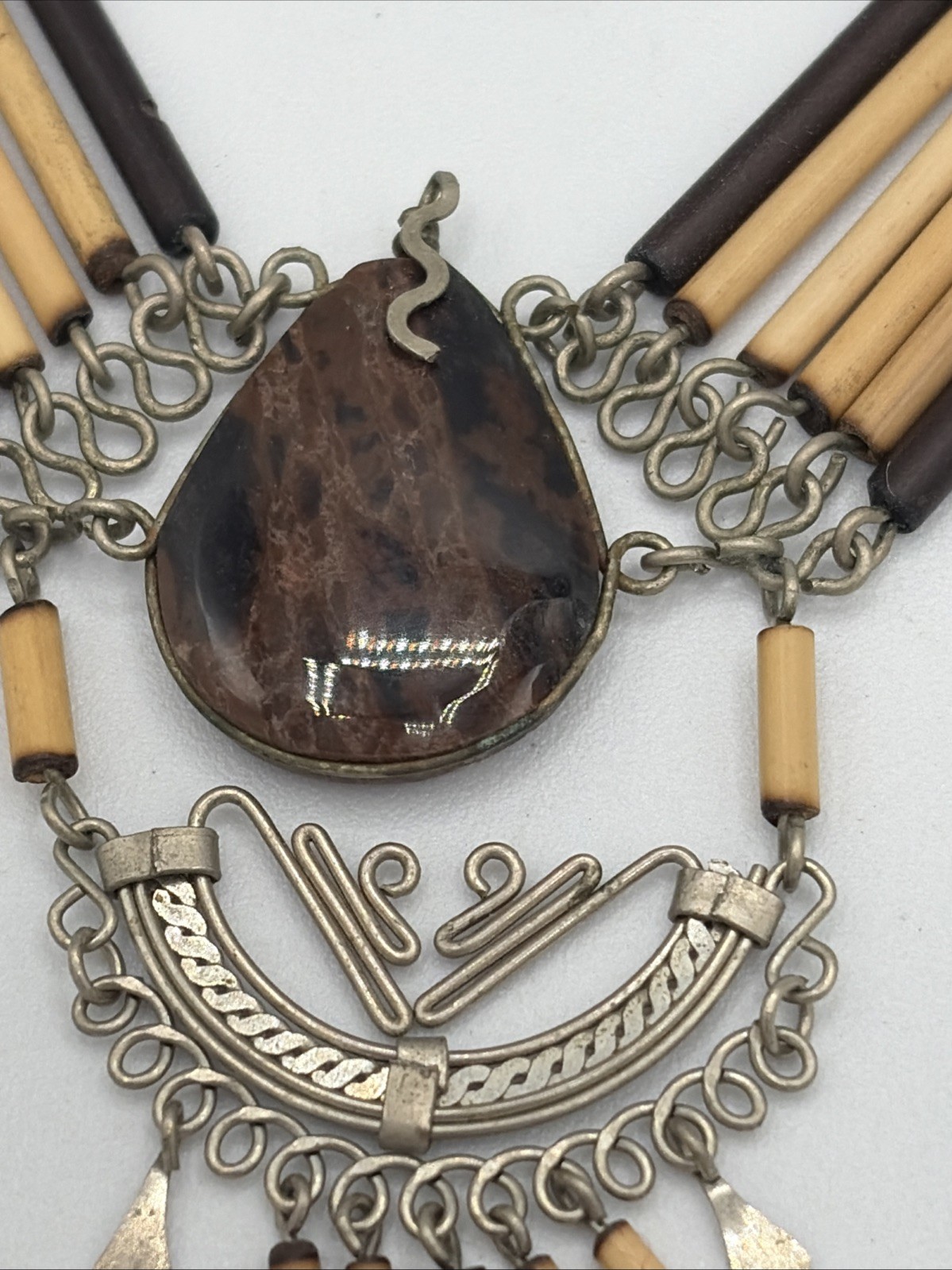 Vintage Handmade Choker necklace bamboo beaded black brown stone Snake Bail