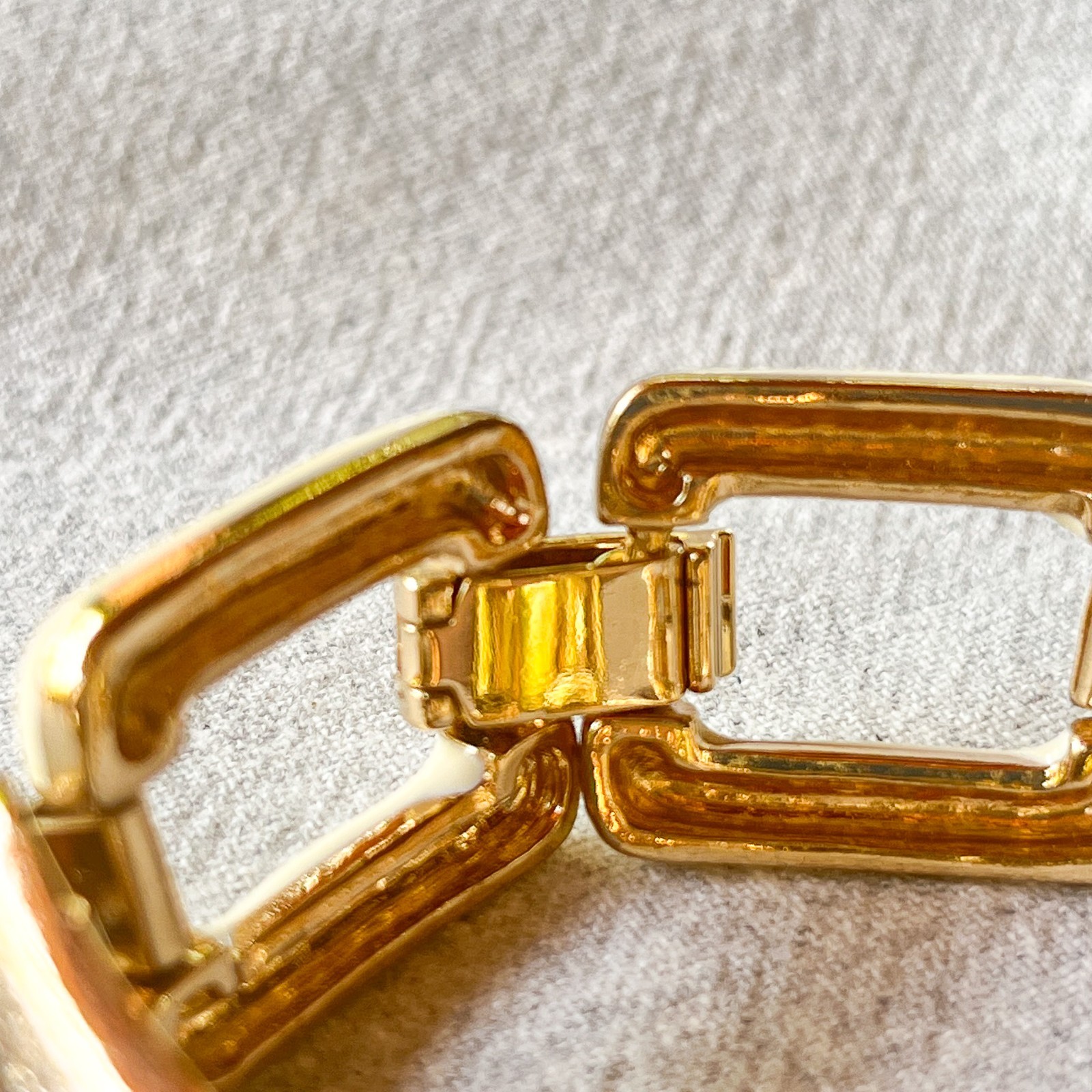 Vintage Ivory Enamel Gold Tone Link Bracelet Rhinestone Statement Chunky Deco