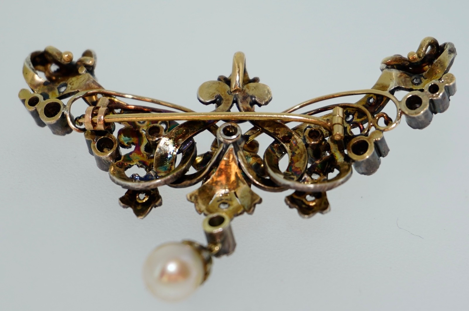 Convertible Victorian 18K & Silver Rose Cut Diamond & Pearl Brooch / Pendant / N