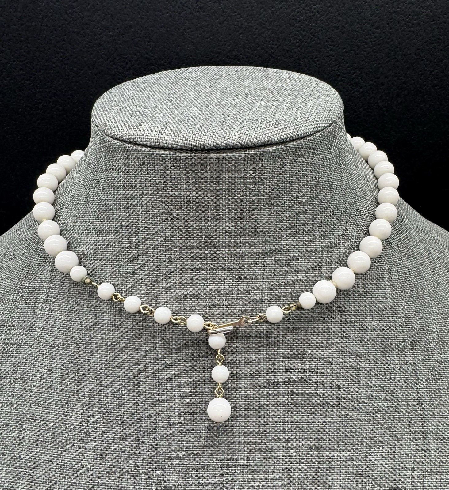 White Glass Single Strand Beaded Necklace Hand Knot 16” ~ Vintage Japan