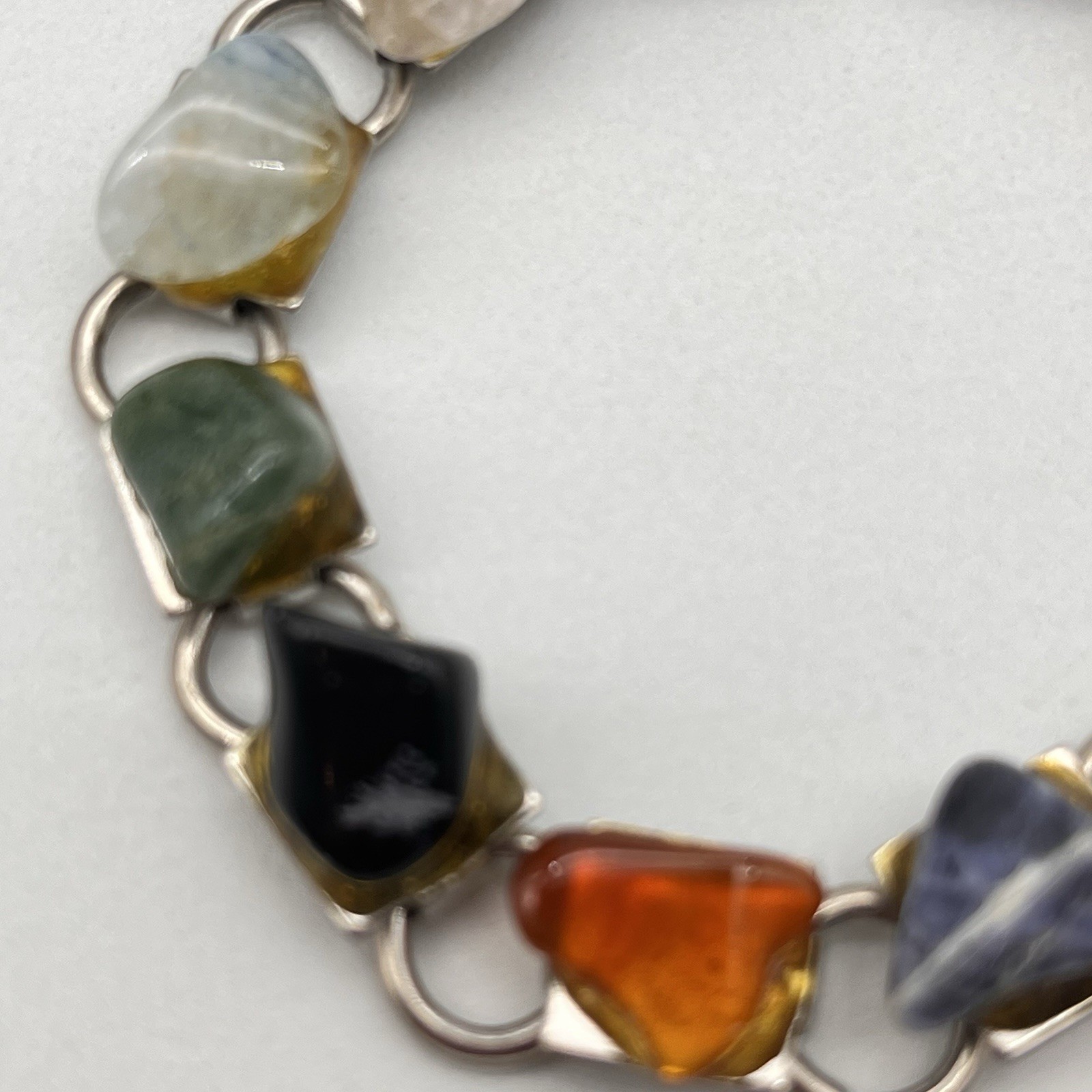Vintage Multicolor Agate Bracelet Polished Stone Silver Tone Fits 6.75″ Wrist