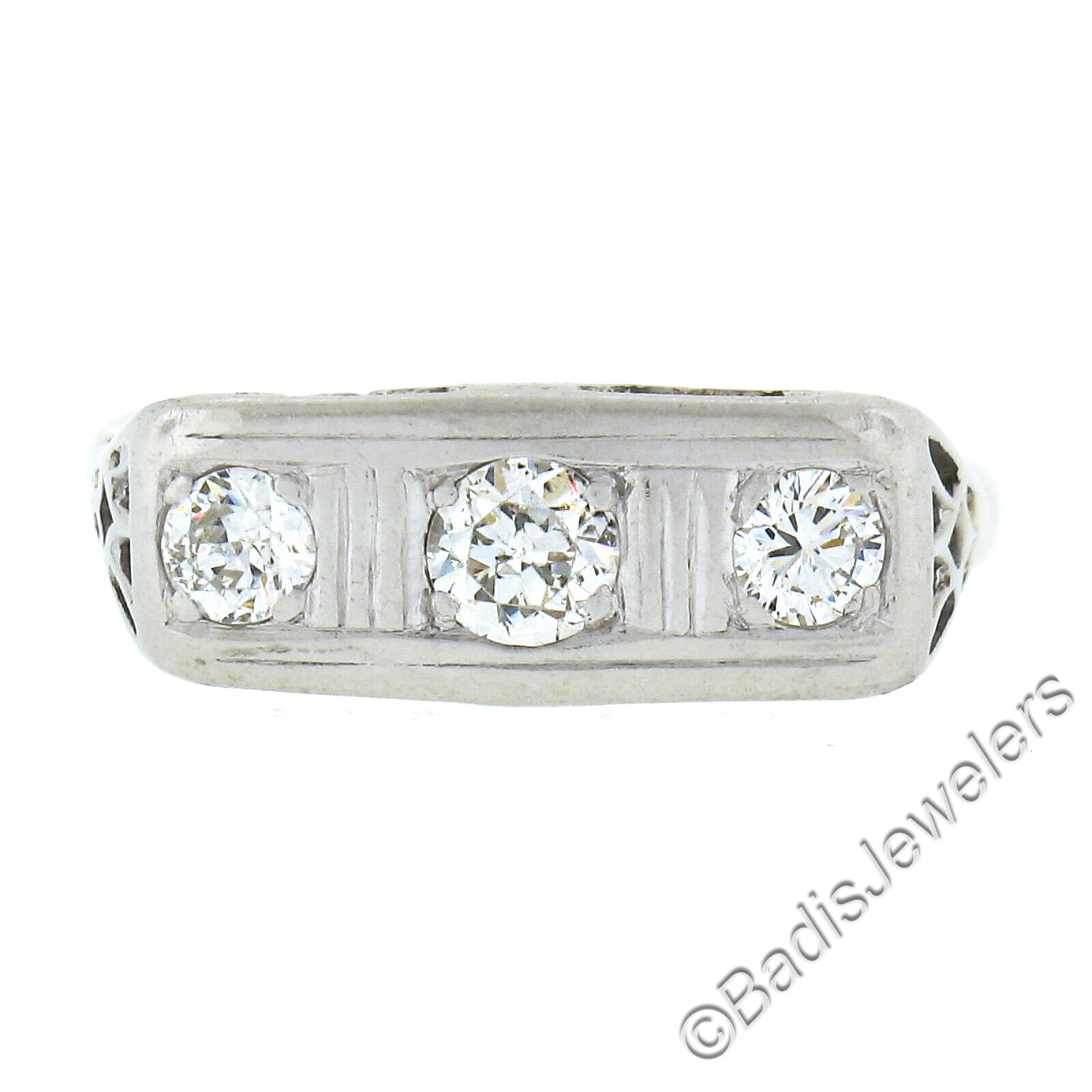 Antique Edwardian Platinum & 14K Gold 0.35ctw Diamond Filigree 3 Stone Band Ring