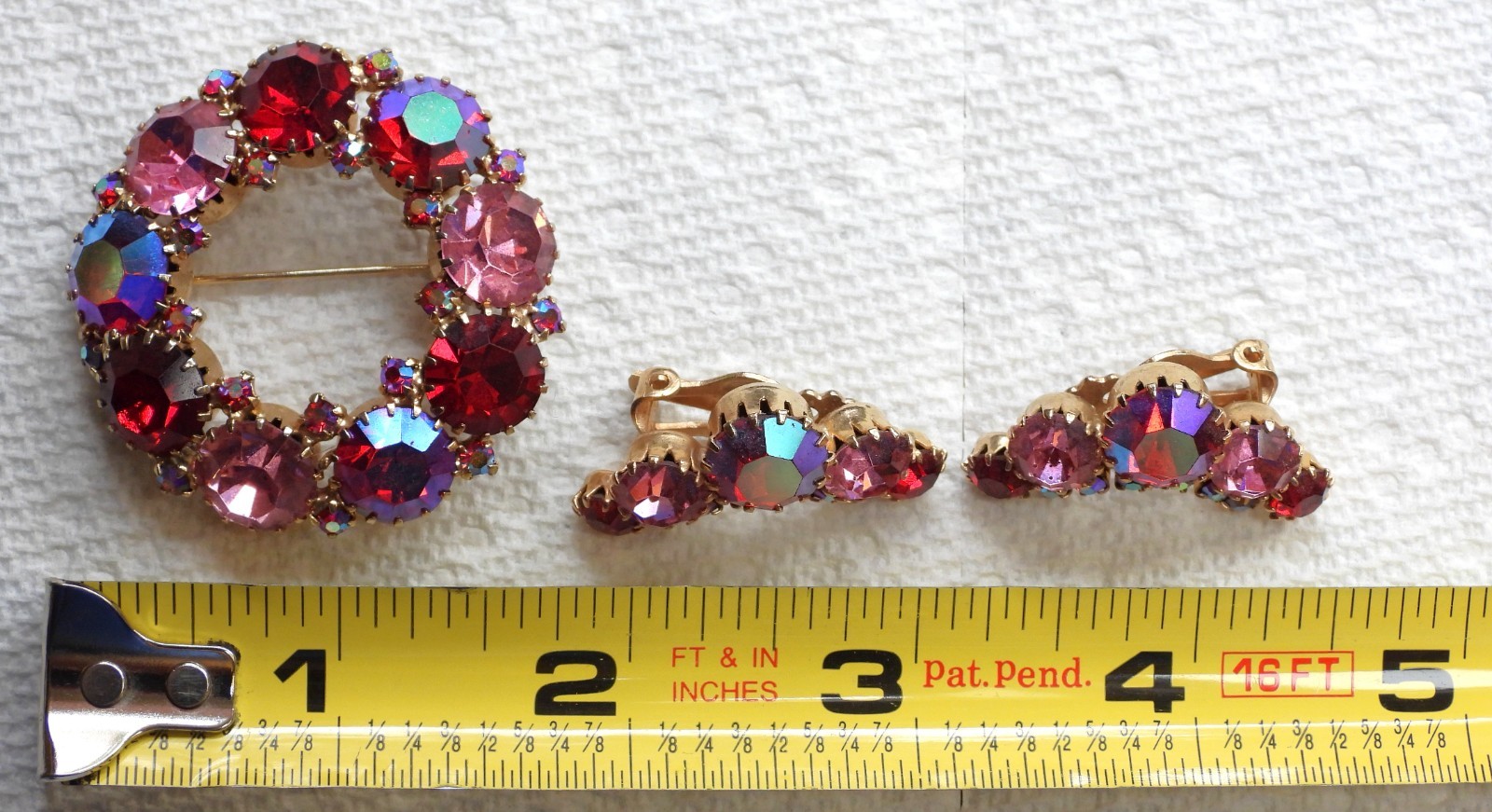 Vintage Signed WEISS AB Red Pink Fuchsia Rhinestone Pin Brooch & Earring Set