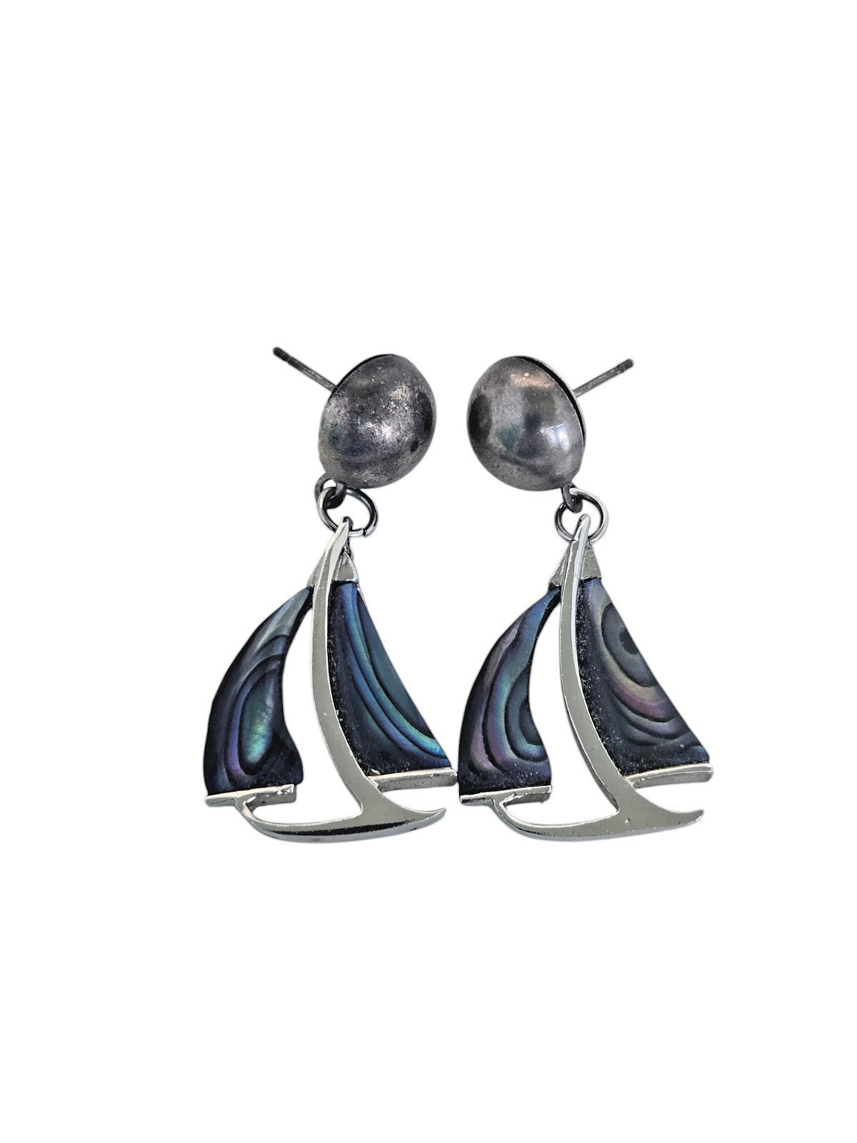 Vintage Silver Tone Blue Paua Abalone Sailboat Drop/Dangle Earrings
