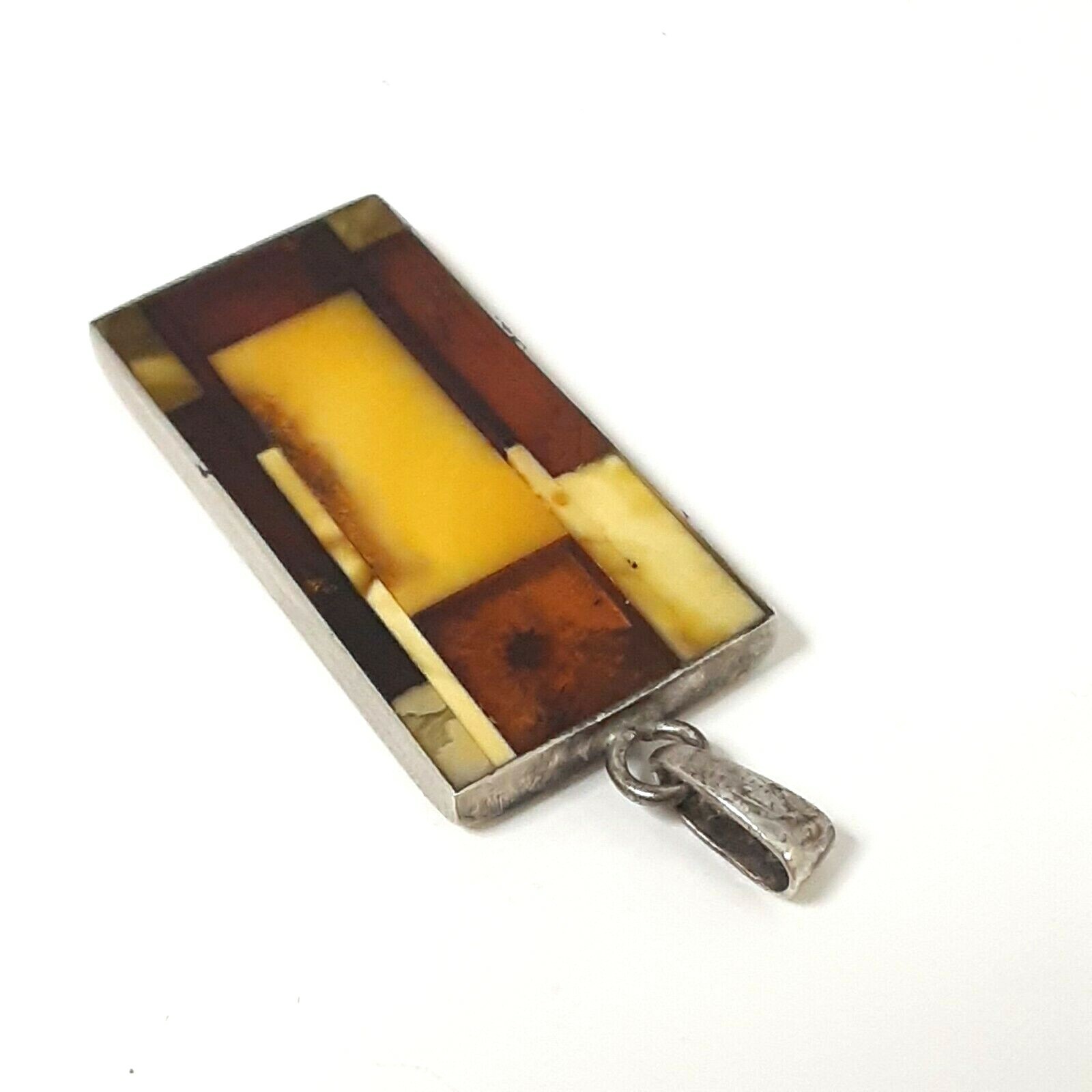 Vintage JZ Inlay Baltic Egg Yolk & Cognac Amber Sterling Silver Pendant Poland
