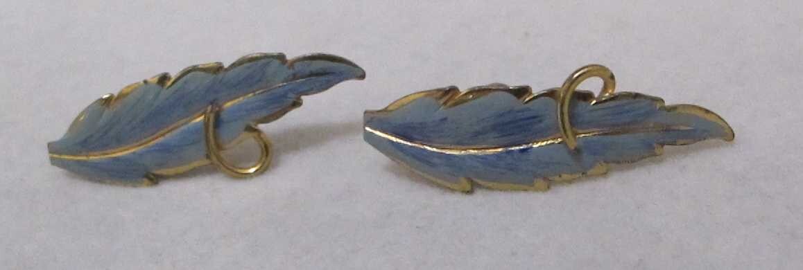 Vtg Light Teal Blue Enamel Gold Tone Slender LEAF Screw Back 1-1/2” Earrings