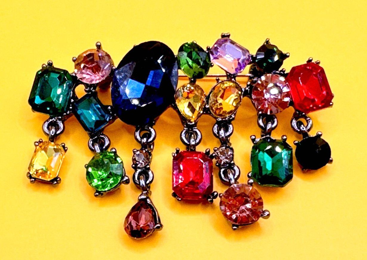 Dark Silver Tone & Multicolor & Shapes Rhinestones Brooch