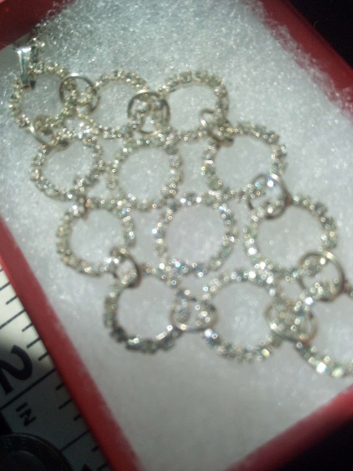 Neckl: 25, 2-1/2″ Pendant of Rhinestone Circles, ST, 17″ Chain, Lobster Clasp