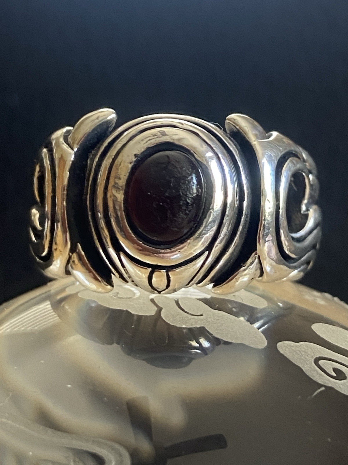 Vintage Heavy Sterling Silver Ring 18 DWT Deep Red Garnet Cabochon Stone