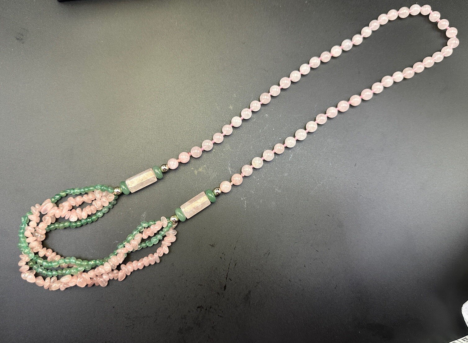 Vintage Chinese Export Multistrand Pink Rose Quartz Green Jade Necklace Stunning