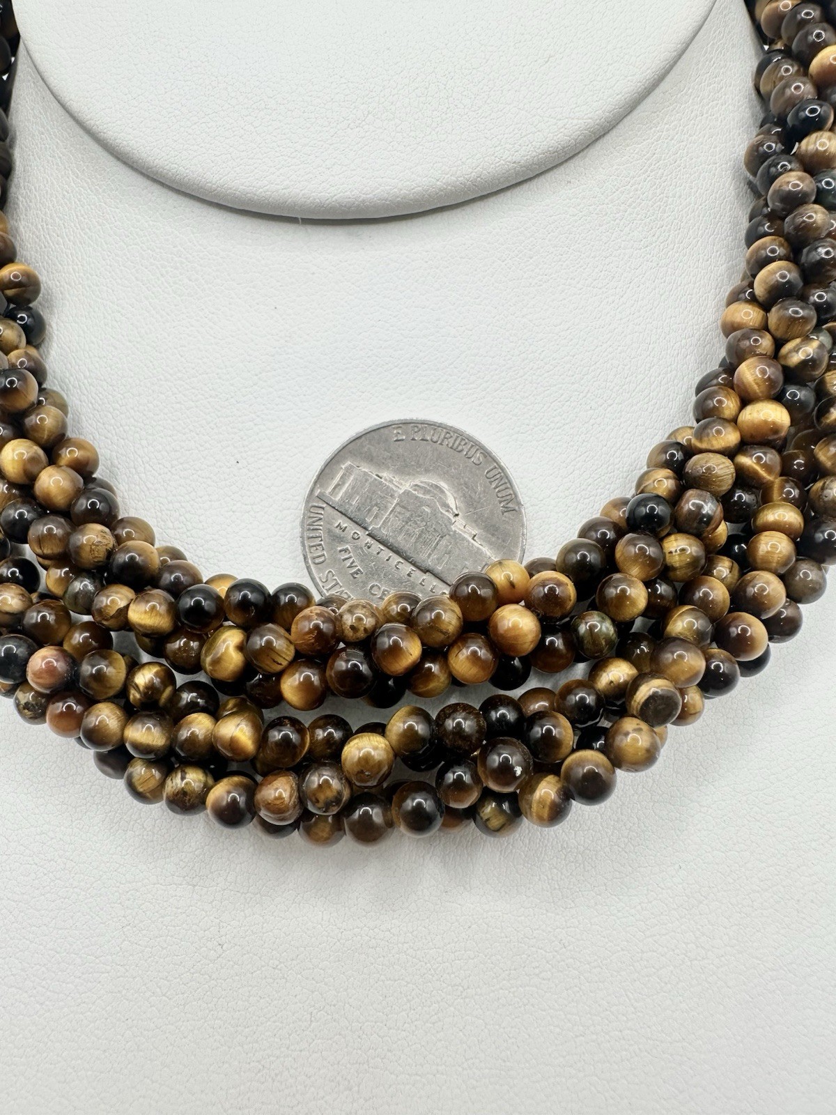 VTG 29In 4 Strand Tigers Eye Bead Necklace Caviar Gold Tone Fish Hook Clasp Read
