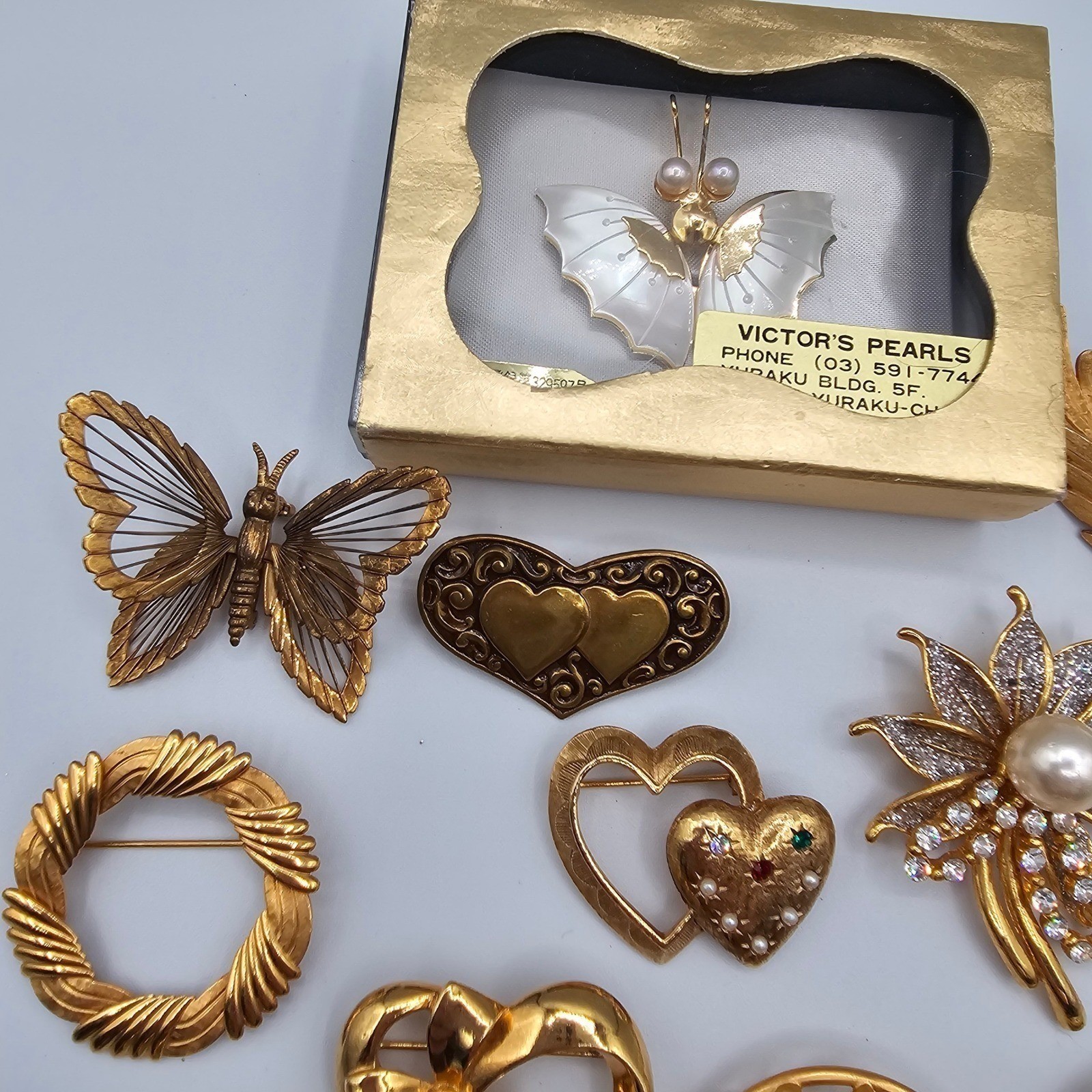 Vtg Gold Tone Brooch Lot Rhinestone Butterfly Floral Some Signed Avon Monet 20pc
