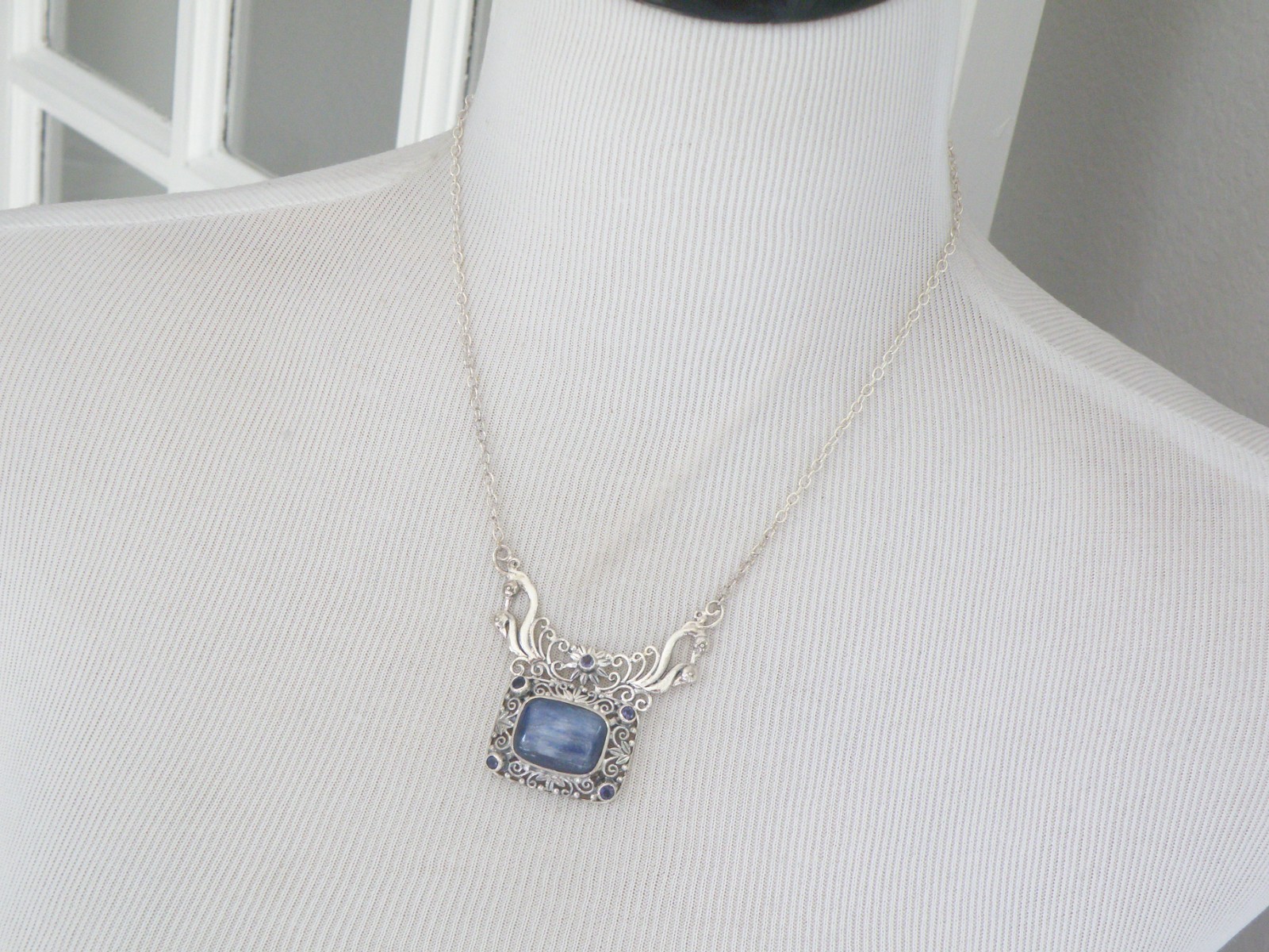 Sterling Silver 925 Natural Kyanite Iolite Art Nouveau Style Necklace 18″