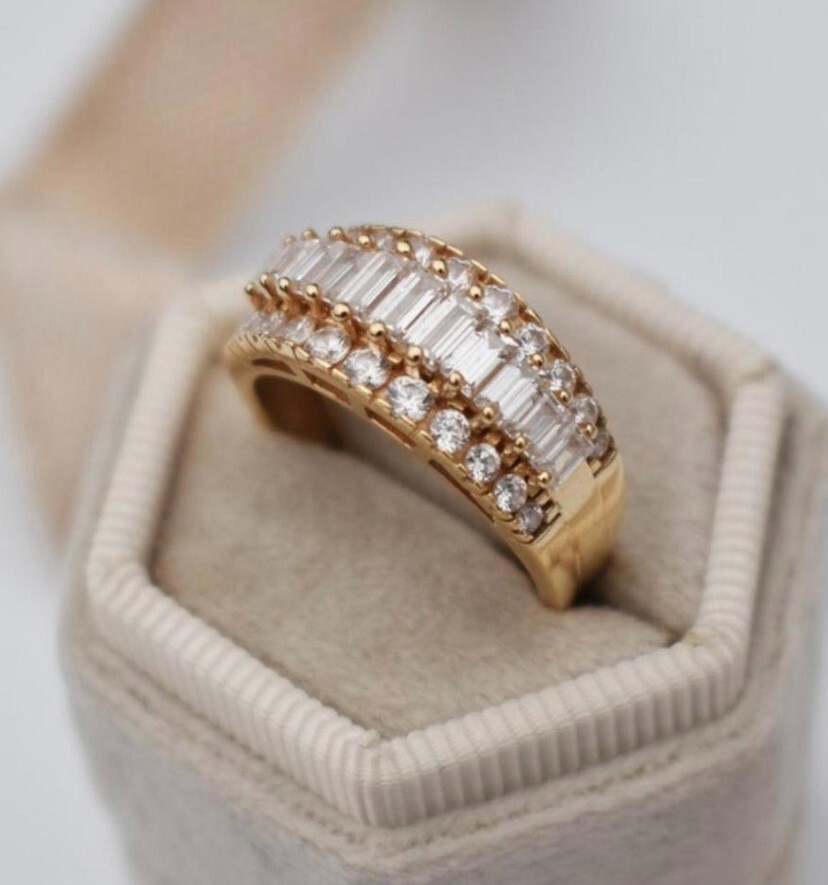 Right hand ring for women, massive baguette cz anniversary band solid 14K gold