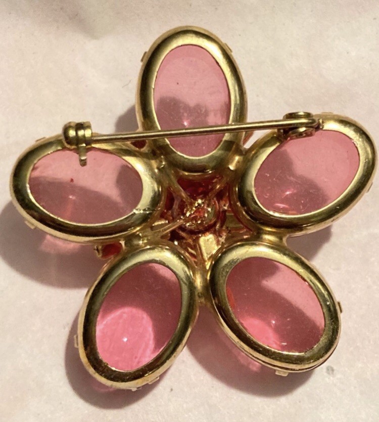 Vintage 1960’s Pink Oval Cabochon Lucite Floral Brooch Almost 2”